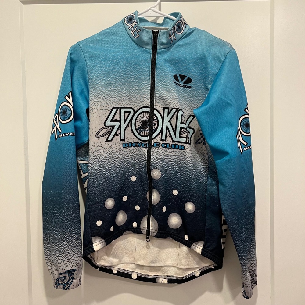 Voler Spokes Bicycle Club Cycling Jersey Blue White Full Zip Fleece Lined Mens